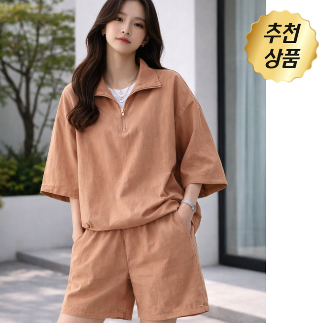 에쉬울프 여성 여름 바스락 반집업 아노락 반팔 밴딩 반바지 트레이닝복 세트 투피스 데일리 셋업