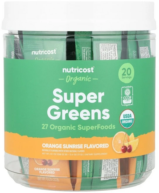 뉴트리코스트 Nutricost 유기농 슈퍼 그린 오렌지 선라이즈 스틱팩 20개 각 11g0.4oz123805원산지:기타, 패킷 - 쿠팡