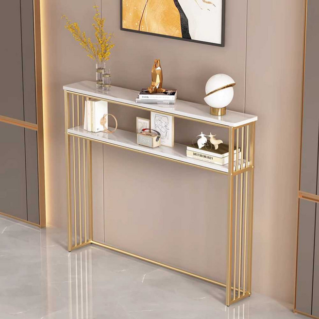 현관 복도 콘솔 테이블 슬림 폭좁은 탁자 고급 화장대 엔틱 거실 철제, 100x20x100cm 2단 금색