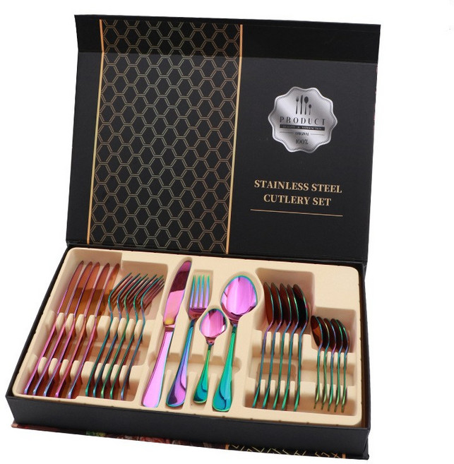 루온칸 모던 스테인레스 커트러리 세트 2인 4인 6인 나이프 포크 세트 포크세트 양식기, 무지개 빛깔의