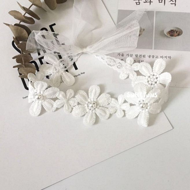 Sweet Twins 韓系小仙女蕾絲簍空花朵寶寶髮帶 嬰兒頭飾 珍珠款