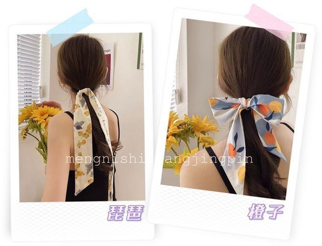 髮帶女綁髮飄帶 絲巾髮帶, 1個, 琵琶+橙子