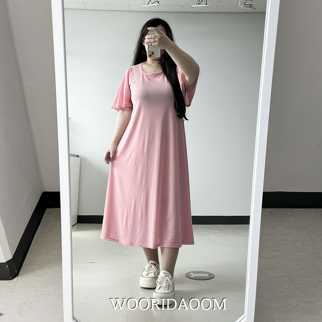 66-120 다미 빅사이즈 날씬해보이는 날개소매 반팔 원피스 홈웨어 꾸안꾸 플레어 여리여리 5XL