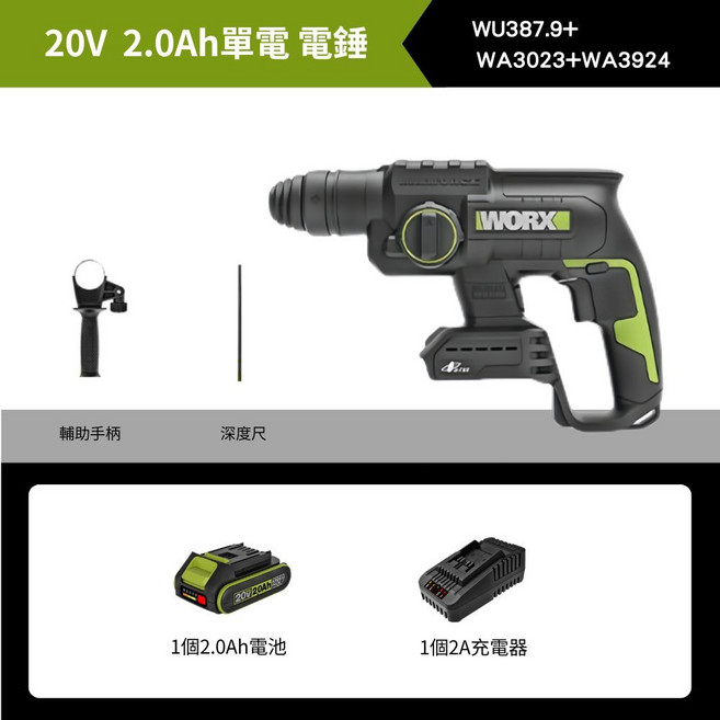 WORX WU387.9 無線電錘 20V 5.0Ah 雙電, 1個