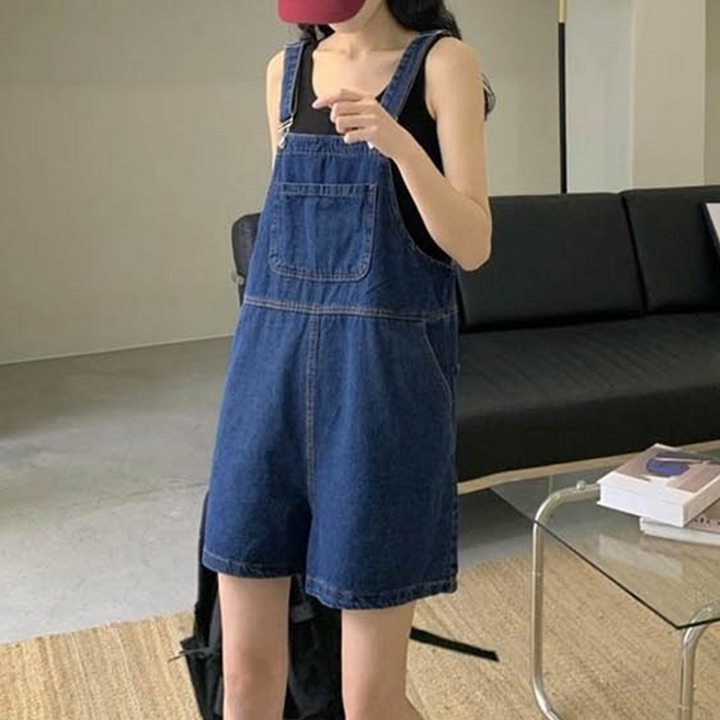 4부 루즈핏 여름 와이드 통넓은 통 반바지 여자 데님 청 버뮤다 팬츠 멜빵