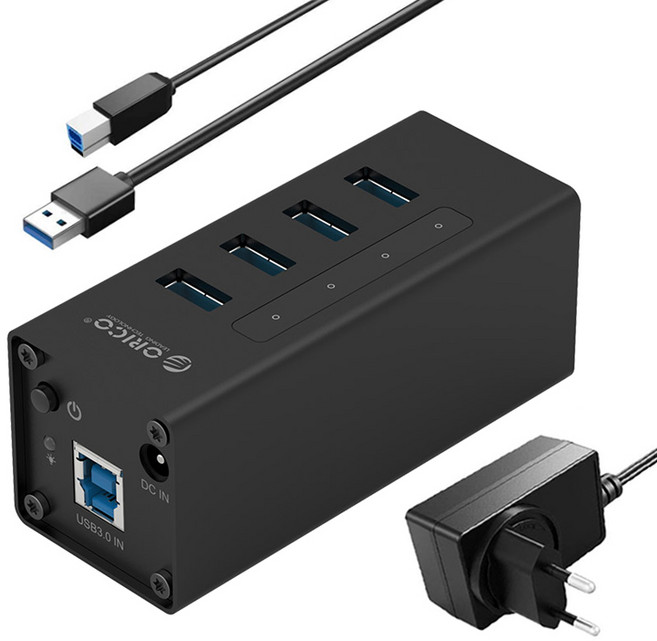 오리코 A3H4 USB허브 유전원 4포트 USB3.0 12V아답터 개별LED, 블랙