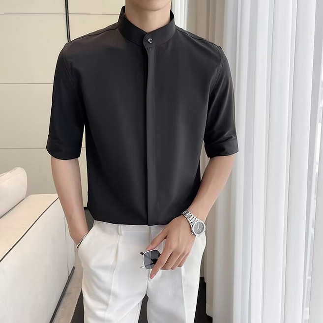AOKADA 남성 스텐드넥 구김없는 반팔 셔츠 남자 여름 차이나 카라 히든버튼 반팔티