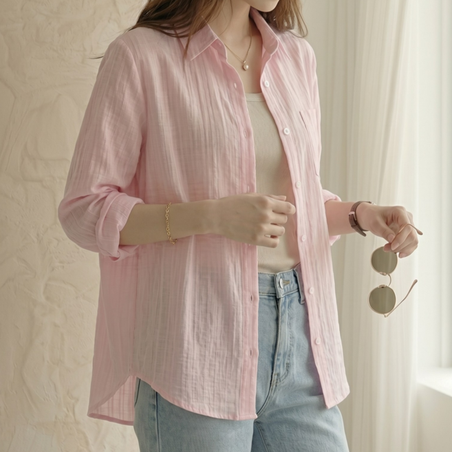 ANDF 여성 루즈핏 시스루 블라우스 긴팔 셔츠 뒷트임 여리핏 데일리