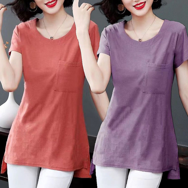 50대 여성용 라운드 미디 반팔티 여름 슬림핏 롱티 티셔츠 빅사이즈 중년 엄마옷 트임 상의