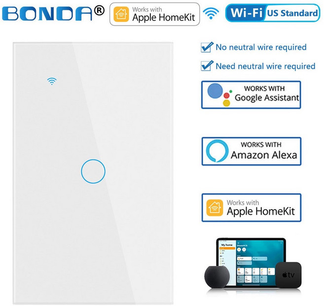 BONDA 智慧牆壁開關，Wi-Fi US 標準，支援 Apple HomeKit Google Assistant Amazon Alexa, 1個