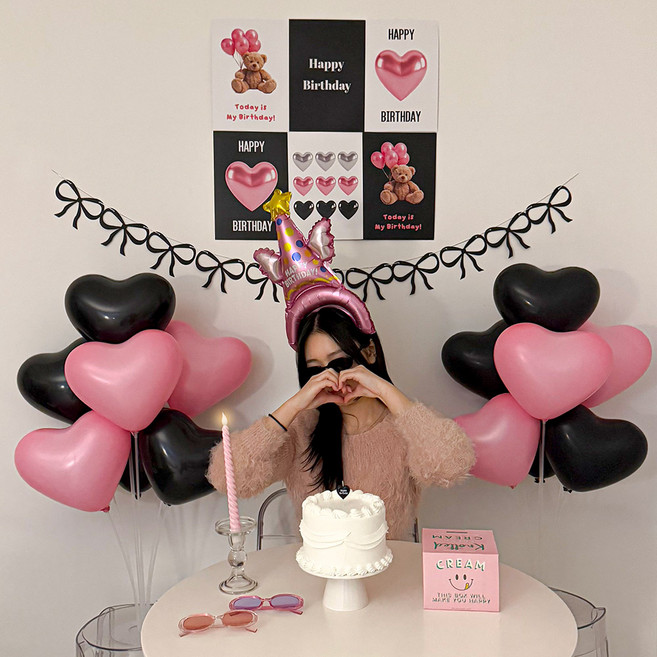 파티몬 블랙 핑크 생일 파티 5종 리본 가랜드 포스터 풍선 소품 장식 용품, 1개, 생일 포스터 파티 5종 - 핑크
