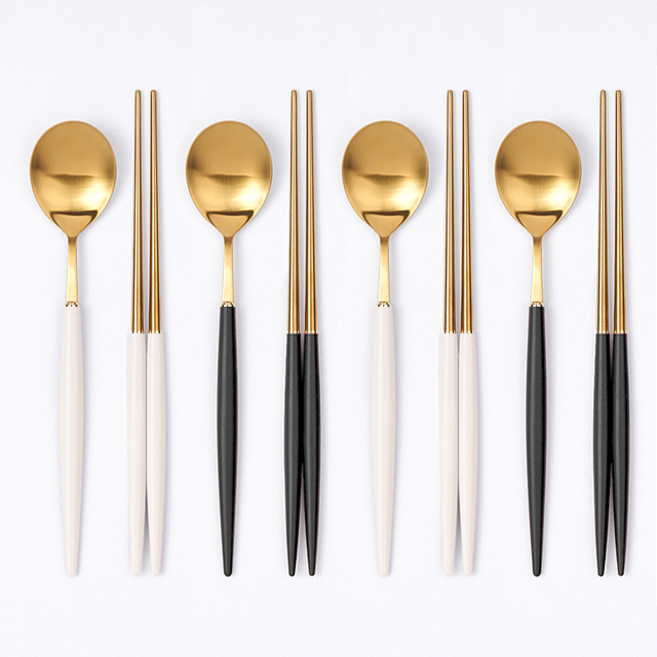 디온 보겐 몽블랑 에펠 국산 스텐 수저세트 골드, B(화이트 1+블랙 1+화이트 1+블랙 1), 1세트, 몽블랑 수저세트 골드