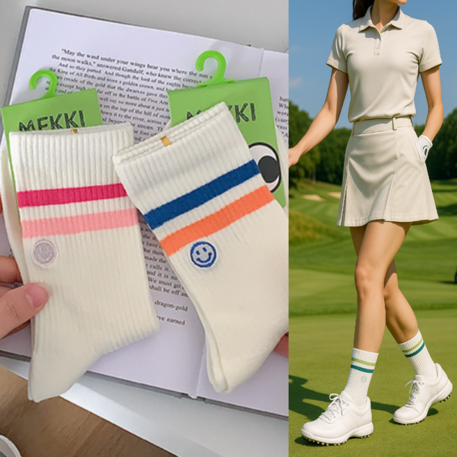 3켤레1세트 여성 양말 중목 골프 스트라이프 골지 면 여름 봄 가을