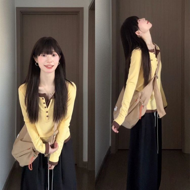 한국 스타일 배색 페이크 투피스 긴소매 T 여성용 봄가을용 데론 슬림핏 버튼 정숄더 이너 탑 슬림핏 상의