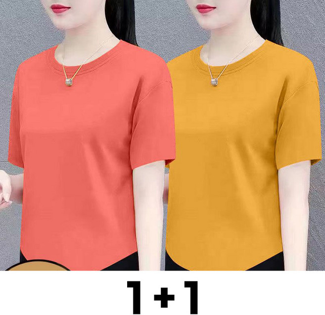 메인워크 1+1 중년 여성 라운드넥 반팔 티셔츠 여름용 엄마옷 냉장고 슬림핏 단색 데일리 솔리드 베이직 고급 풀오버 티 2매입