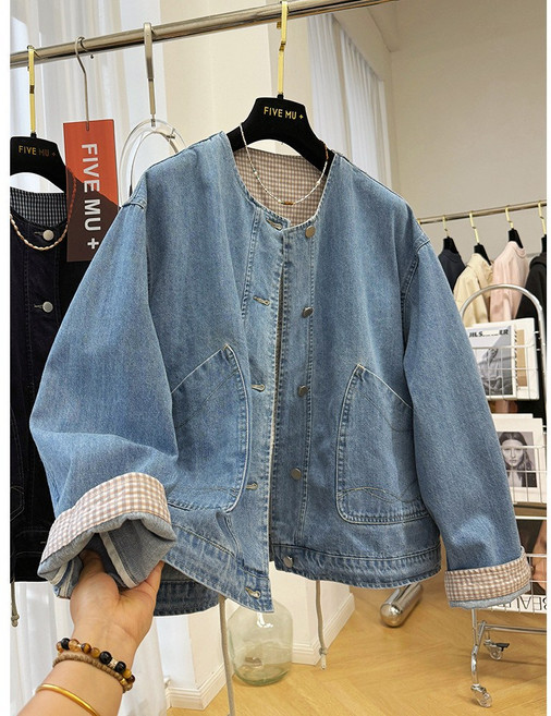 FIVE MU+ 牛仔外套女 圓領短款夾克