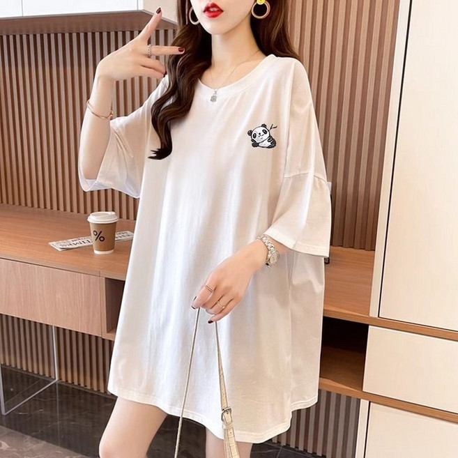 여성 판다 프린팅 롱 박스 반팔 티셔츠 T-004