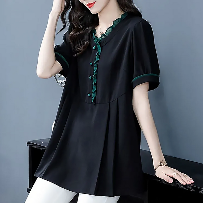 지고다그 여성 여름 빅사이즈 쉬폰 반팔 블라우스 패치 배색 프릴넥 루즈핏 반팔티 LJMA0218