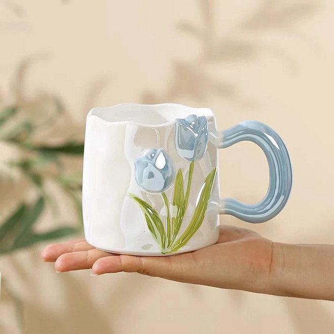 MAKABORO 도자기 머그컵 물컵 예쁜 플라워 생일 선물 커피잔, 1개, 블루
