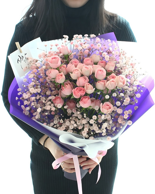 플라로마 미니장미 50송이+안개꽃다발 당일발송가능 화이트데이 어버이날 성년의날 부부의날 기념일선물 지정일예약 전국배송, 연핑크, 1개