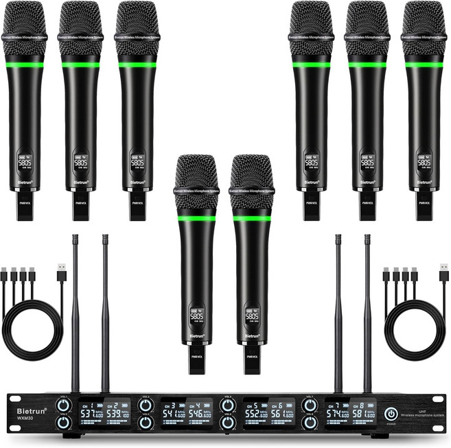 에코트레블베이스가 장착된 Bietrun 무선 마이크 UHF 160피트 범위 듀얼 다이내믹 핸드헬드 시스템 홈 노래방 미팅 파티 결혼식블루투스 포함 수신기, 8-Channel Wireless Microphone