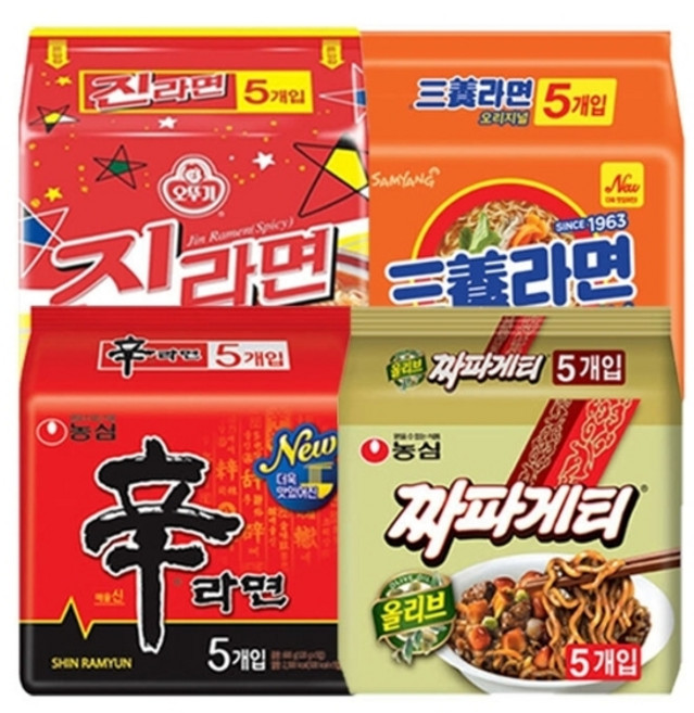 농심 봉지라면 혼합 20봉(신라면5봉+짜파게티5봉+진라면매운맛5봉+삼양라면5봉), 없음, 20개