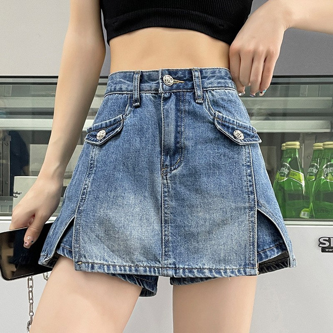 SAHINER 여름 여유핏 A라인 하이웨스트 데님 치마반바지 옆트임 청스커트LJBDK14