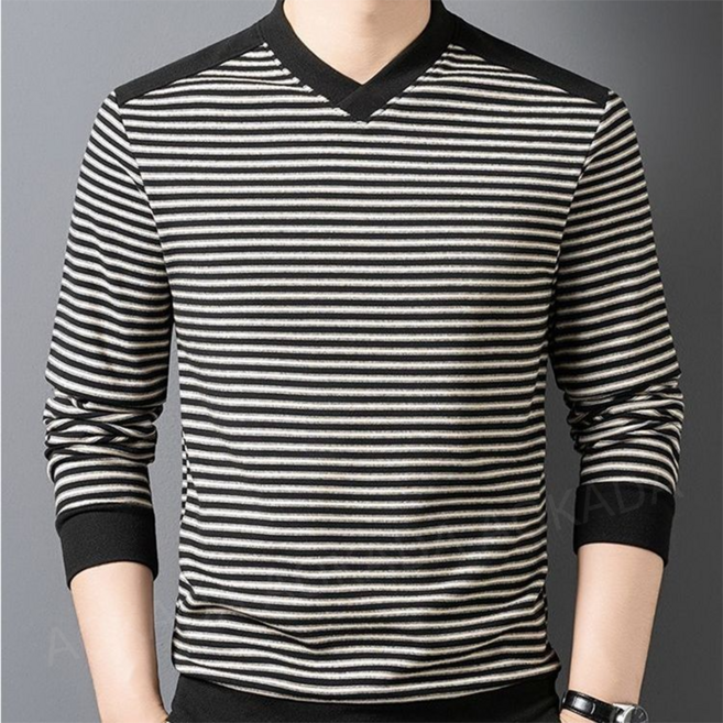 AOKADA 남성 봄 가을 캐주얼 배색 브이넥 긴팔 티셔츠 스트라이프 이너티 데일리룩