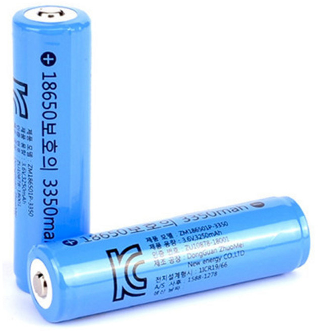 라온 KC인증 18650배터리 3.7V 3350mAh 리튬이온 충전 건전지 충전용 밧데리 보호회로 내장 충전지, 2개