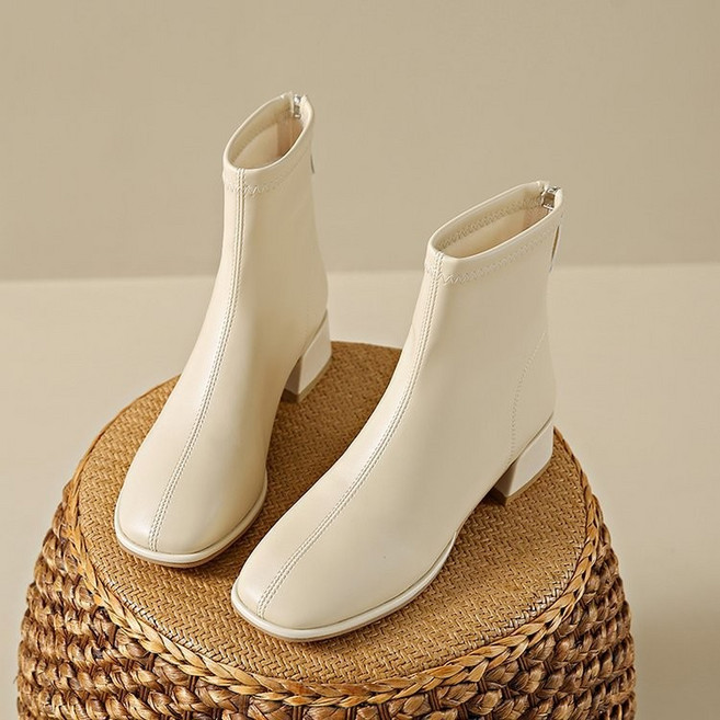 方頭短靴女 秋冬氣質粗跟瘦瘦靴 後拉鏈中跟馬丁靴