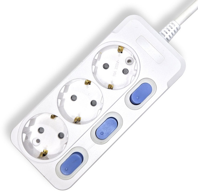 개별스위치멀티탭 KC인증 접지 2800W 절전 콘센트 3구 멀티탭, 1개, 화이트(파란스위치), 1.5m