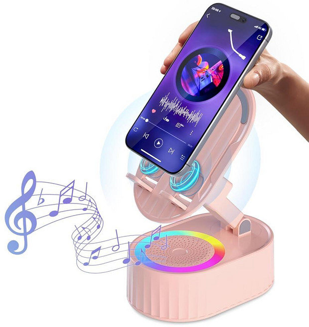 AKLLCCR 무선 인덕션 오디오 블루투스 스피커 5in1 휴대폰 홀더 비상 충전식(3000mAh) 다채로운 주변 조명 300° 접이식 태블릿 아이폰 안드로이드용 남성 여성, AKLLCCR 무선 인덕션 오디오 블루투스 스피커 5i
