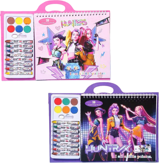 케이팝 데몬 헌터스 림 컬러링북 세트 색칠북 스케치북 색연필 미술놀이 DIY 드로잉, 1세트, 핑크+퍼플