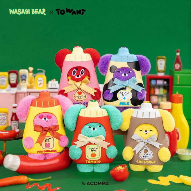 와사비베어 랜덤 블라인드 박스 장난감 봉제 인형 키링 1종 - 귀여운 캐릭터 가방고리 털뭉치+PVC 인형 선물용, 1개