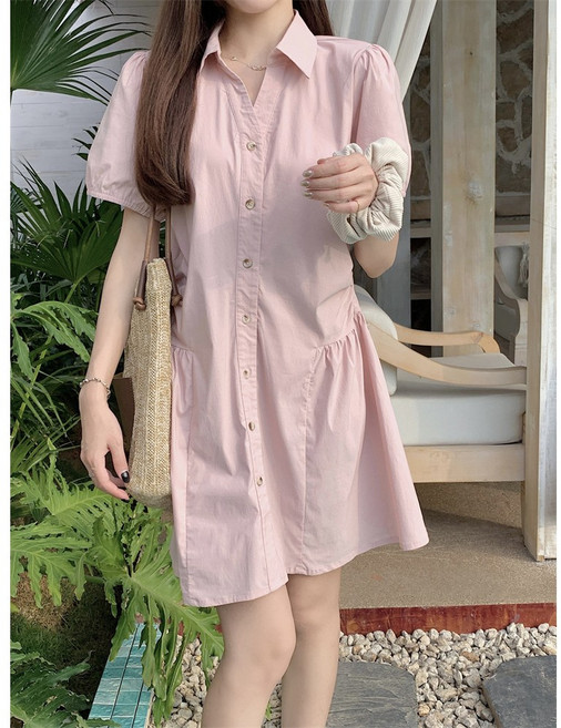 부엉구구 OW0272A 여성 여름 루즈핏 폴로넥 벌룬 반팔 얇은 셔츠 원피스