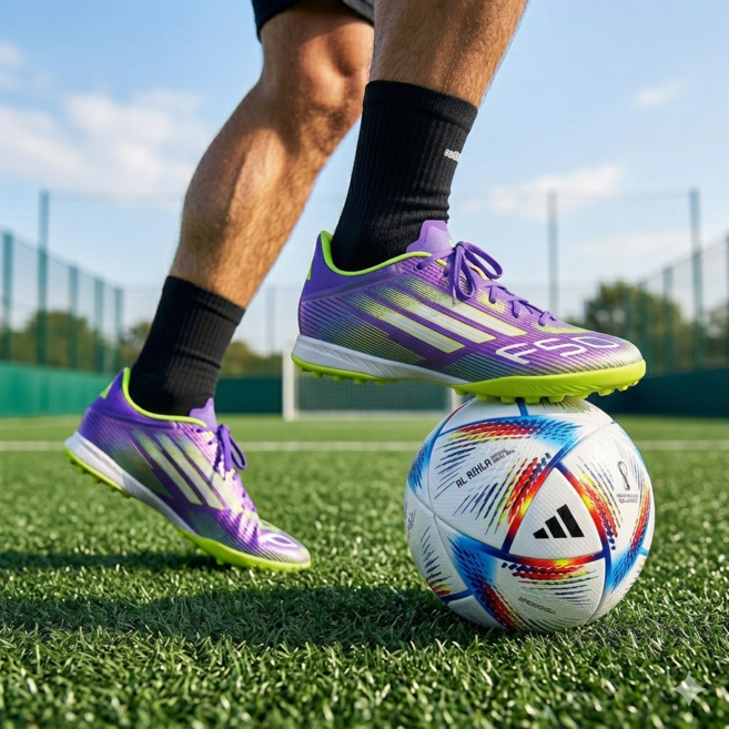 아디다스 F50 리그 TF 네온퍼플 풋살화 안정적인 볼컨트롤