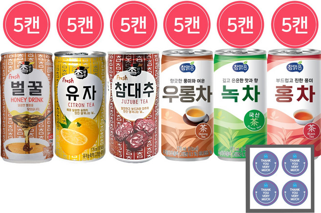 참맑은 캔음료 겨울음료 6종 각 5개씩 (벌꿀+유자+참대추+우롱차+녹차+홍차)+캔톡톡땡큐감사스티커, 30개, 175ml