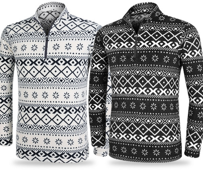 [이지바이] (1+1) 남성 기모 플리스 집업 티셔츠_스노우히트 노르딕 눈꽃 패턴 후리스 반집업 티셔츠