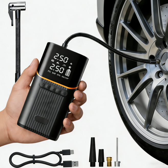 콜콜러브 휴대용타이어공기주입기 6000mAh 대용량타이어압력모니터링/LED램프/보조배터리/자동차농구자전거오토바이 범용쿠션 보조배터리, 블랙 6000mAh, 1개