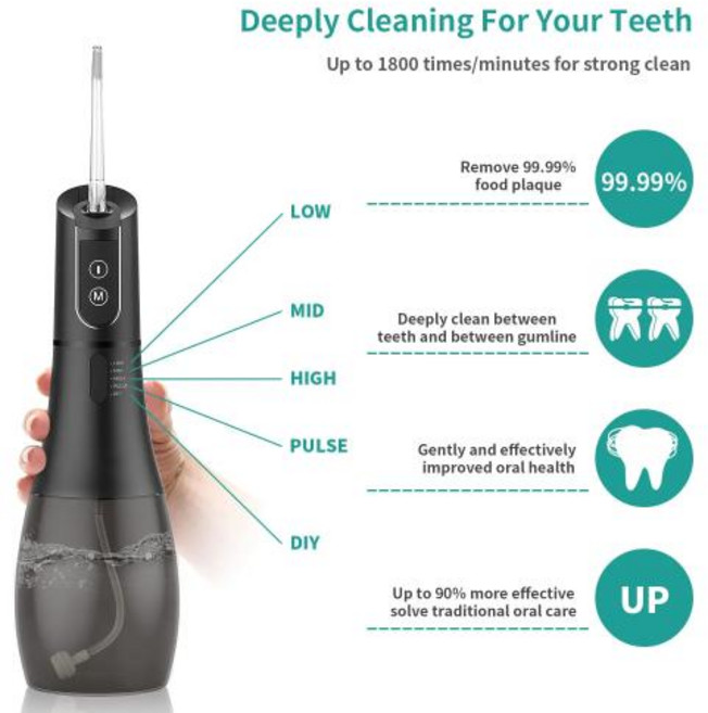 구강 세정기 청정기 치아 치석 청소 관리 물 치실 워터 충전식 휴대용 치 세척용 치과 제트 5 가지 모드 IPX7 400ml, 1개, 1) Black238