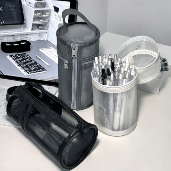 일상채움 세워서 쓰는 대용량 메쉬 스탠드 필통 파우치, 1개, 블랙