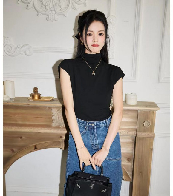 夏季彈力修身短袖T恤女 顯瘦小高領內搭休閒打底上衣