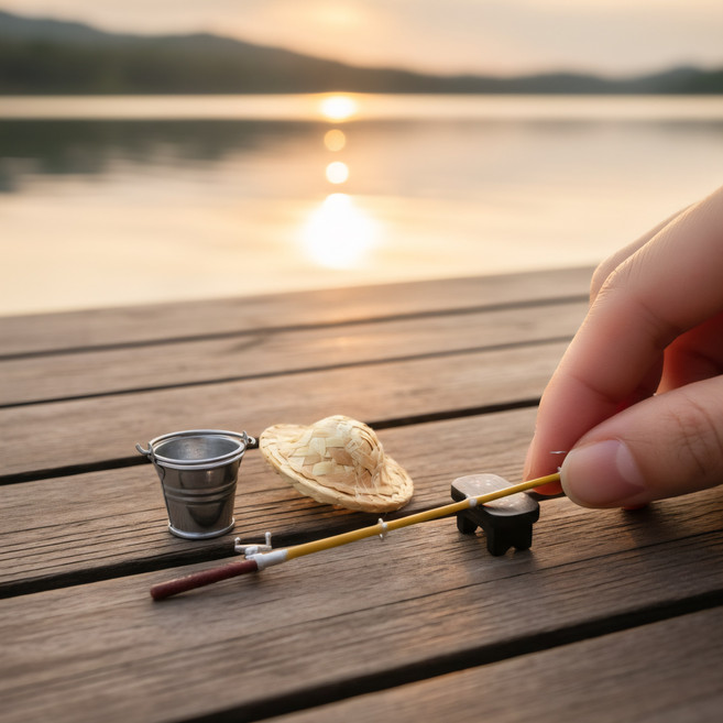납골당꾸미기 낚시 세트 미니어처 양동이 밀짚모자 선반 낚시대 미니 모형