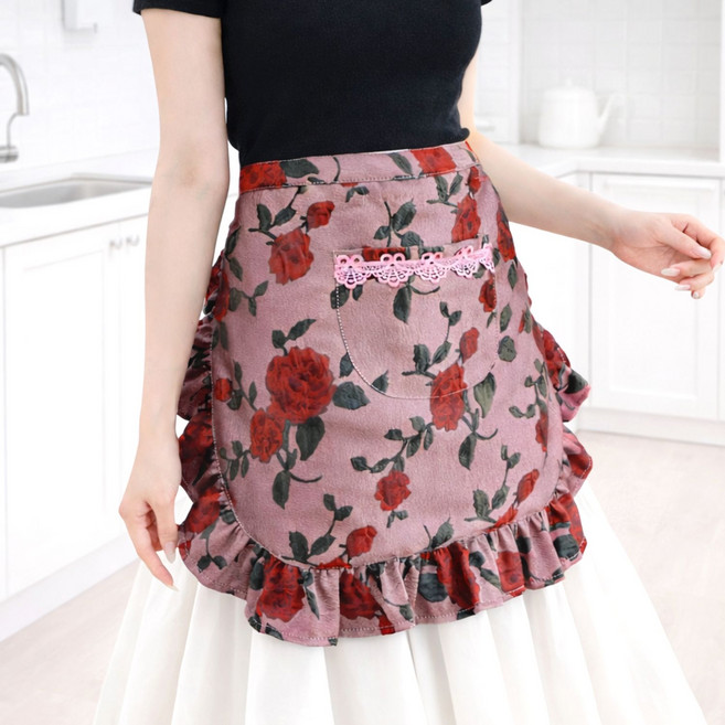 빈티지 꽃무늬 예쁜 앞치마 프릴 허리 하프 방수 앞치마 (주방 카페 공방 플로리스트 신혼 앞치마), 1개, 핑크