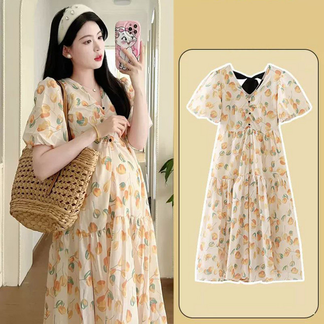 임산부 미디 원피스 귀여운 패턴 뒤태 리본 리넨 소재 미디 원피스 JS