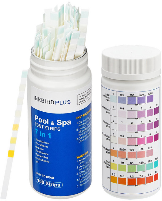 INKBIRDPLUS 100개입 수영장 수질 테스트 스트립 경도 염소 브롬 pH 알칼리도 및 시아누르산 측정 가능 (담수 해수 수영장 온천 온수 욕조용), 1개, 80g