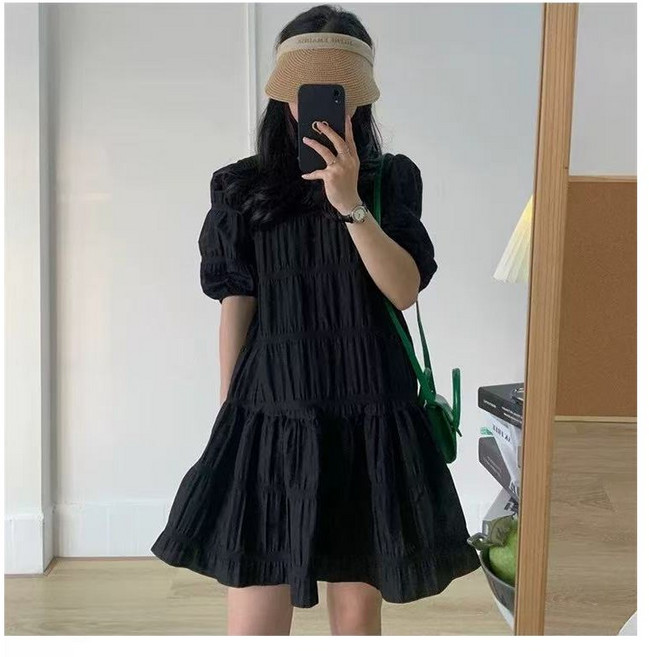영메이 YM23456 여성 엠보 퍼프소매 셔링주름 미니 원피스 캐주얼 하늘하늘한 반팔원피스 러블리 미니스커트
