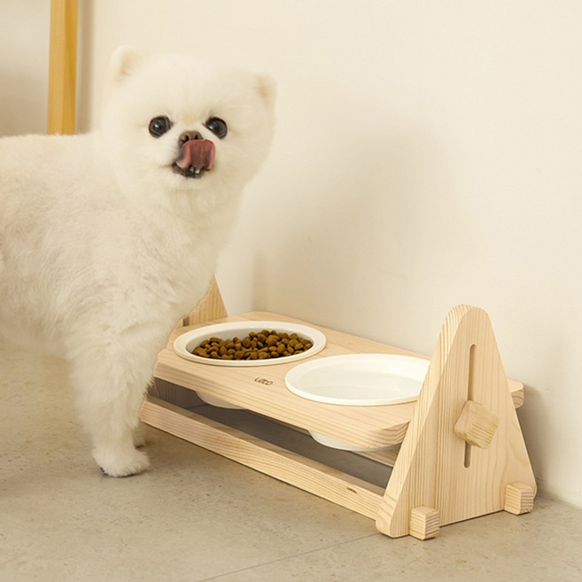 강아지 원목 밥그릇 고양이 물그릇 각도 높이조절 식탁 식기 세트, 강아지 원목 밥그릇 LCA-WH02O, 1세트