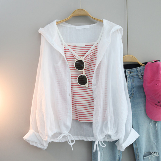 달콩 여성 빅사이즈 루즈핏 여름후드셔츠 자외선차단 오션스트링후드남방