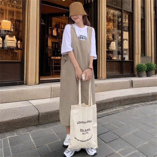 Vezri 여성 봄 여름 가을 캐주얼 패션 넉넉한핏 포켓 디자인 면 혼방 고무줄 스판 멜빵 원피스